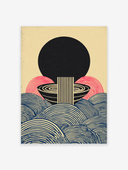 Japanese abstract poster with a large black sun, pink arches, black and blue striped waves, and a central minimalist noodle bowl design.