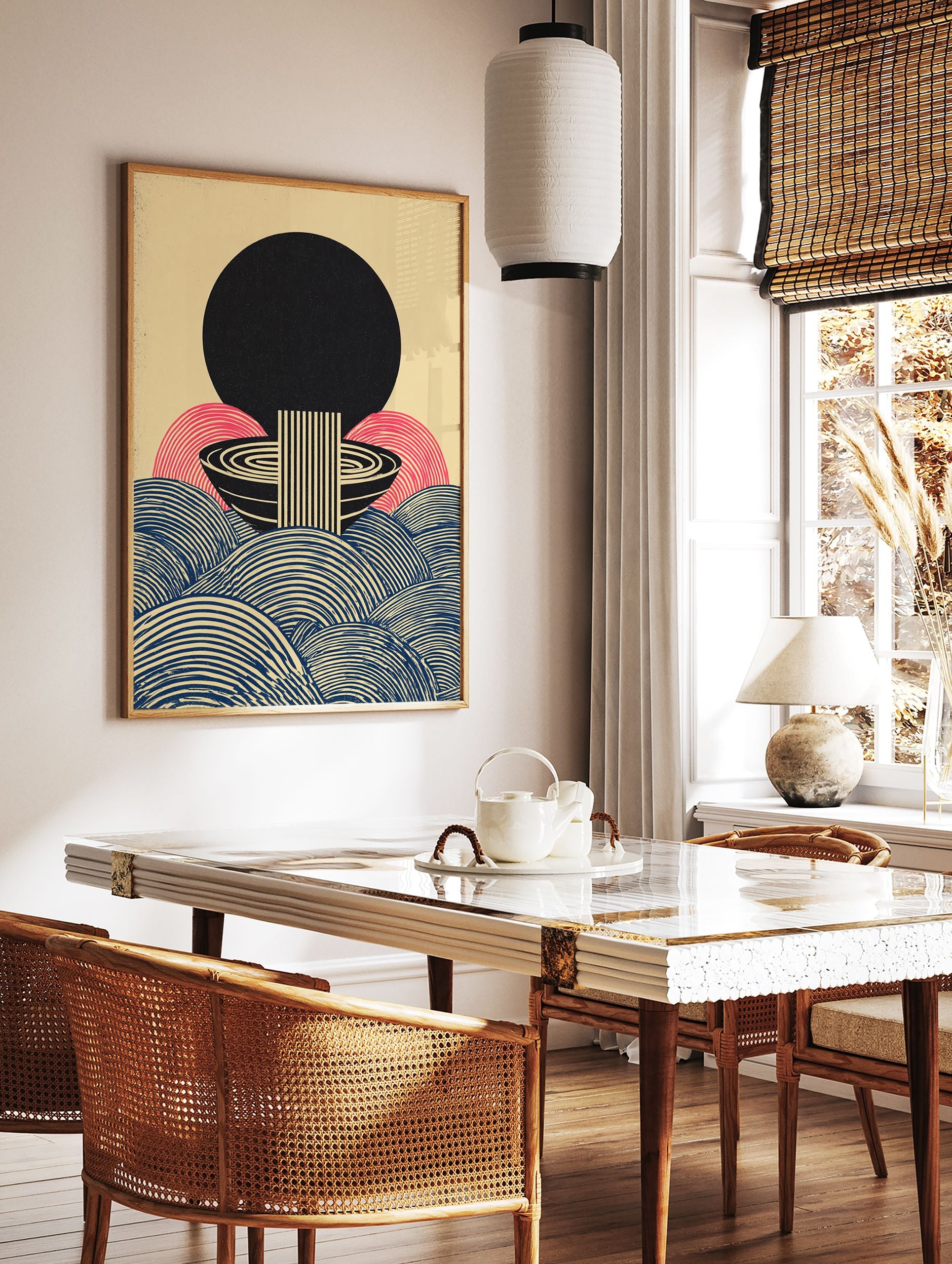 Japanese abstract poster with a large black sun, pink arches, black and blue striped waves, and a central minimalist noodle bowl design. - Image 2