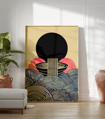 Japanese abstract poster with a large black sun, pink arches, black and blue striped waves, and a central minimalist noodle bowl design. - Image 3