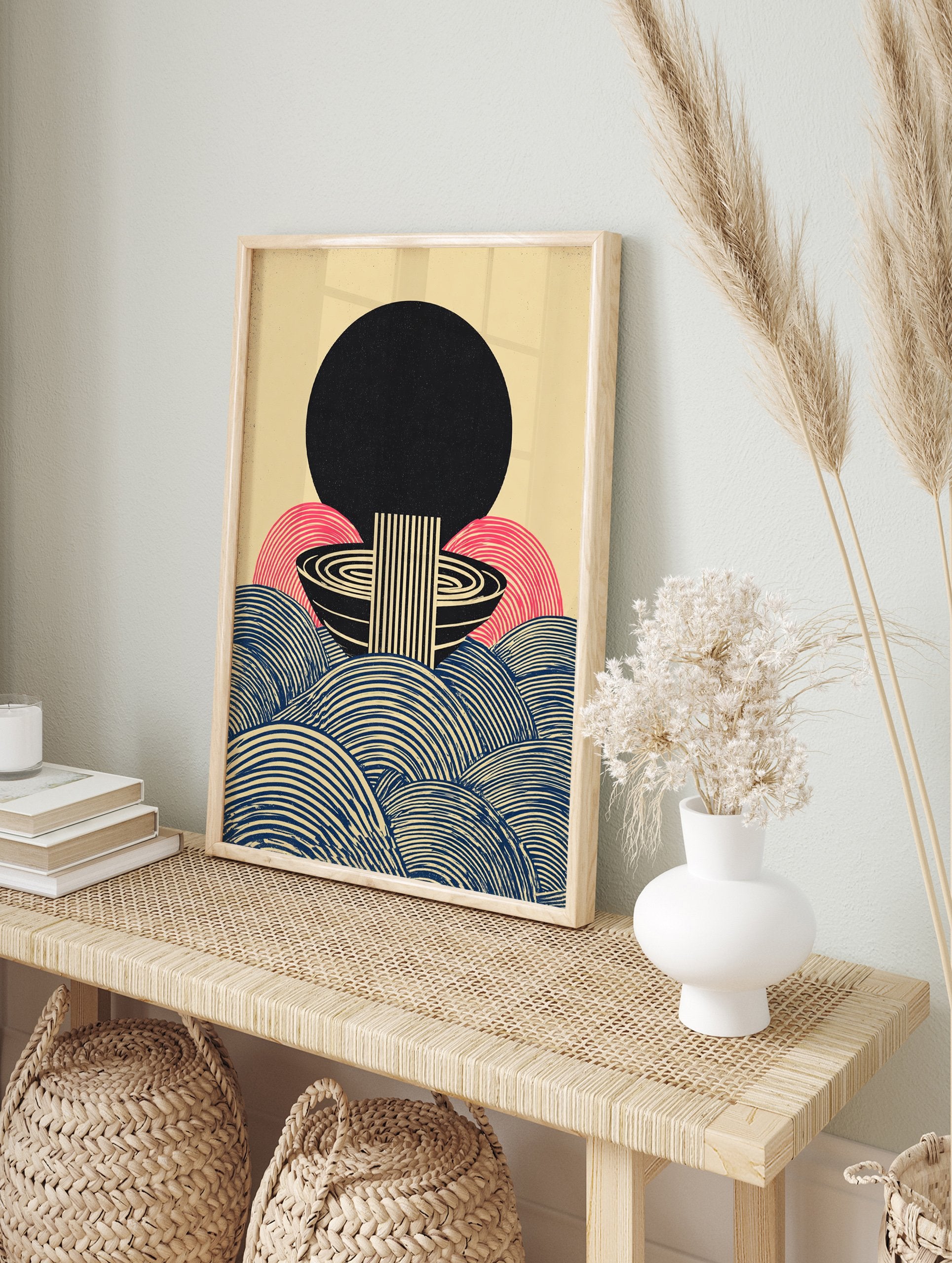 Japanese abstract poster with a large black sun, pink arches, black and blue striped waves, and a central minimalist noodle bowl design. - Image 4
