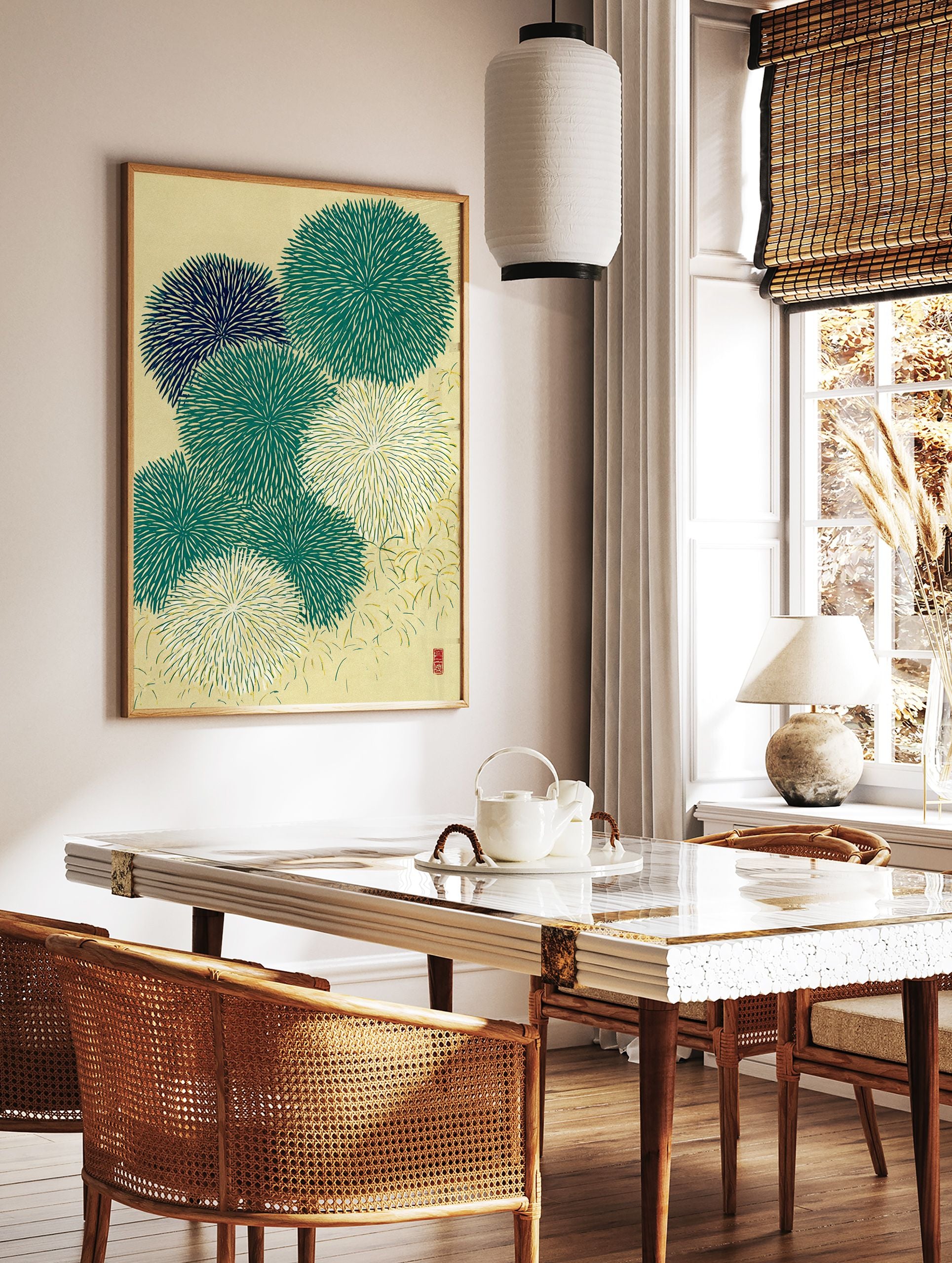 Japanese abstract wall art print with stylized green, blue, and yellow organic shapes on a beige background, resembling fireworks. - Image 2