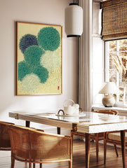 Japanese abstract wall art print with stylized green, blue, and yellow organic shapes on a beige background, resembling fireworks. - Image 2