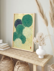 Japanese abstract wall art print with stylized green, blue, and yellow organic shapes on a beige background, resembling fireworks. - Image 3