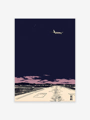 Japanese airplane wall art showing a plane taking off from a runway at night with pink clouds and city lights.