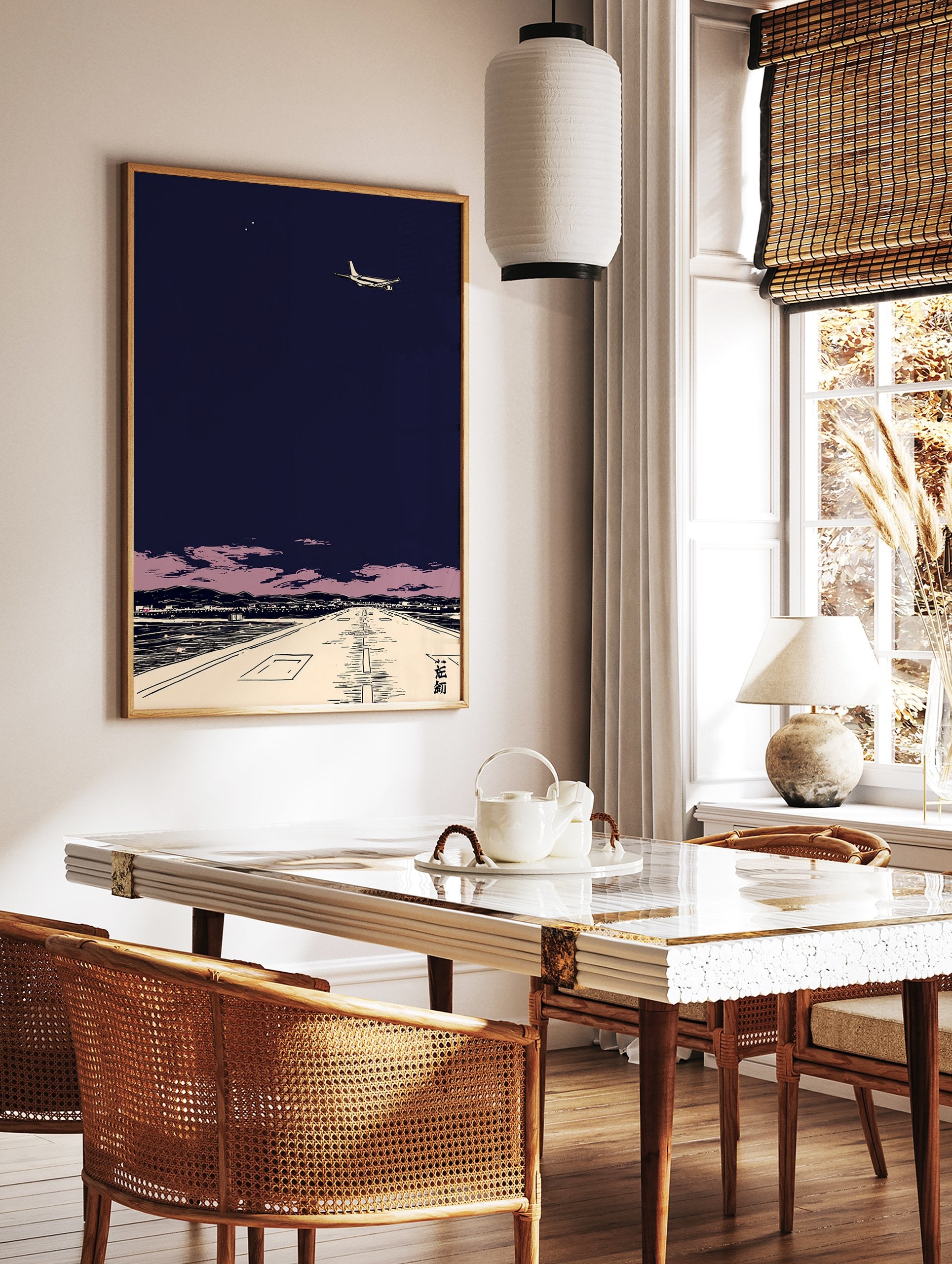 Japanese airplane wall art showing a plane taking off from a runway at night with pink clouds and city lights. - Image 2