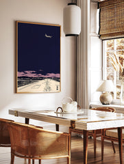 Japanese airplane wall art showing a plane taking off from a runway at night with pink clouds and city lights. - Image 2