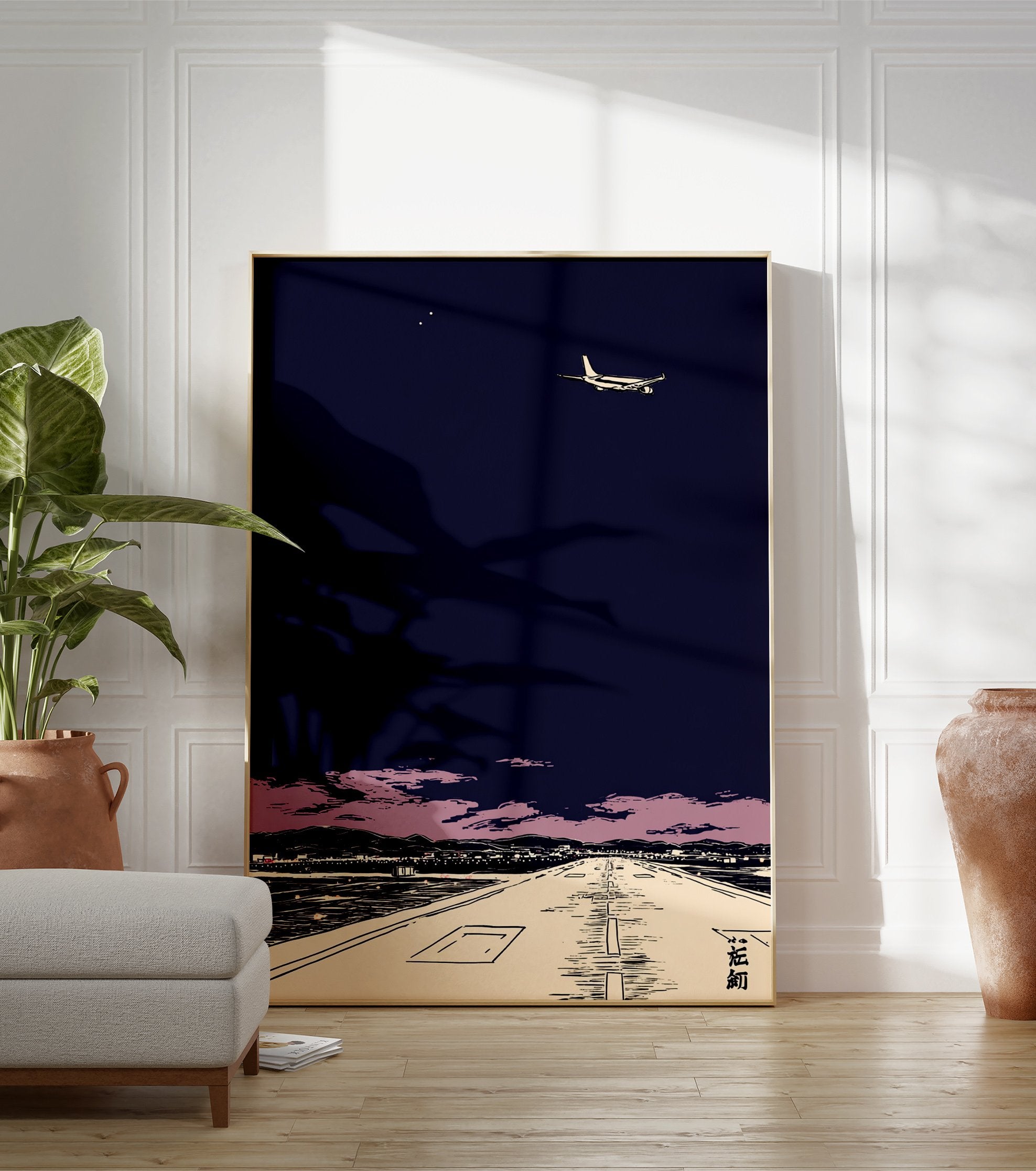 Japanese airplane wall art showing a plane taking off from a runway at night with pink clouds and city lights. - Image 3