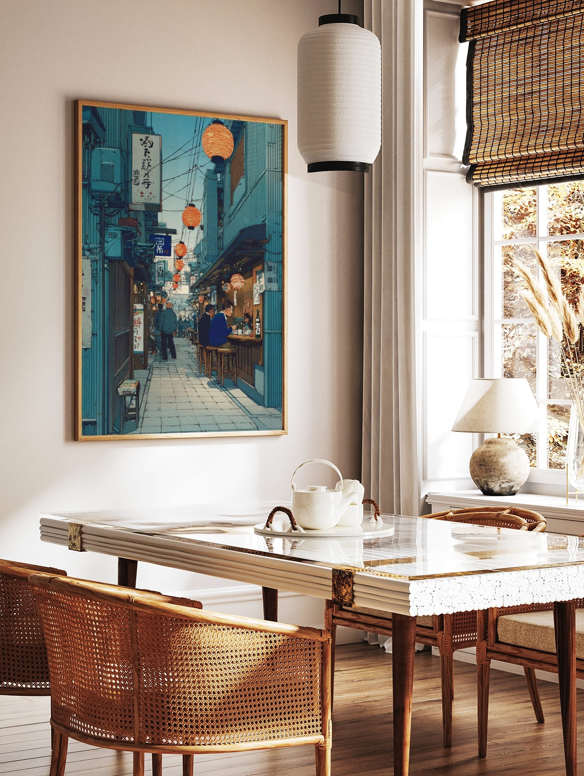 Japanese alleyway wall art with orange lanterns, izakaya counter, people dining, and blue buildings, in a styled room mockup