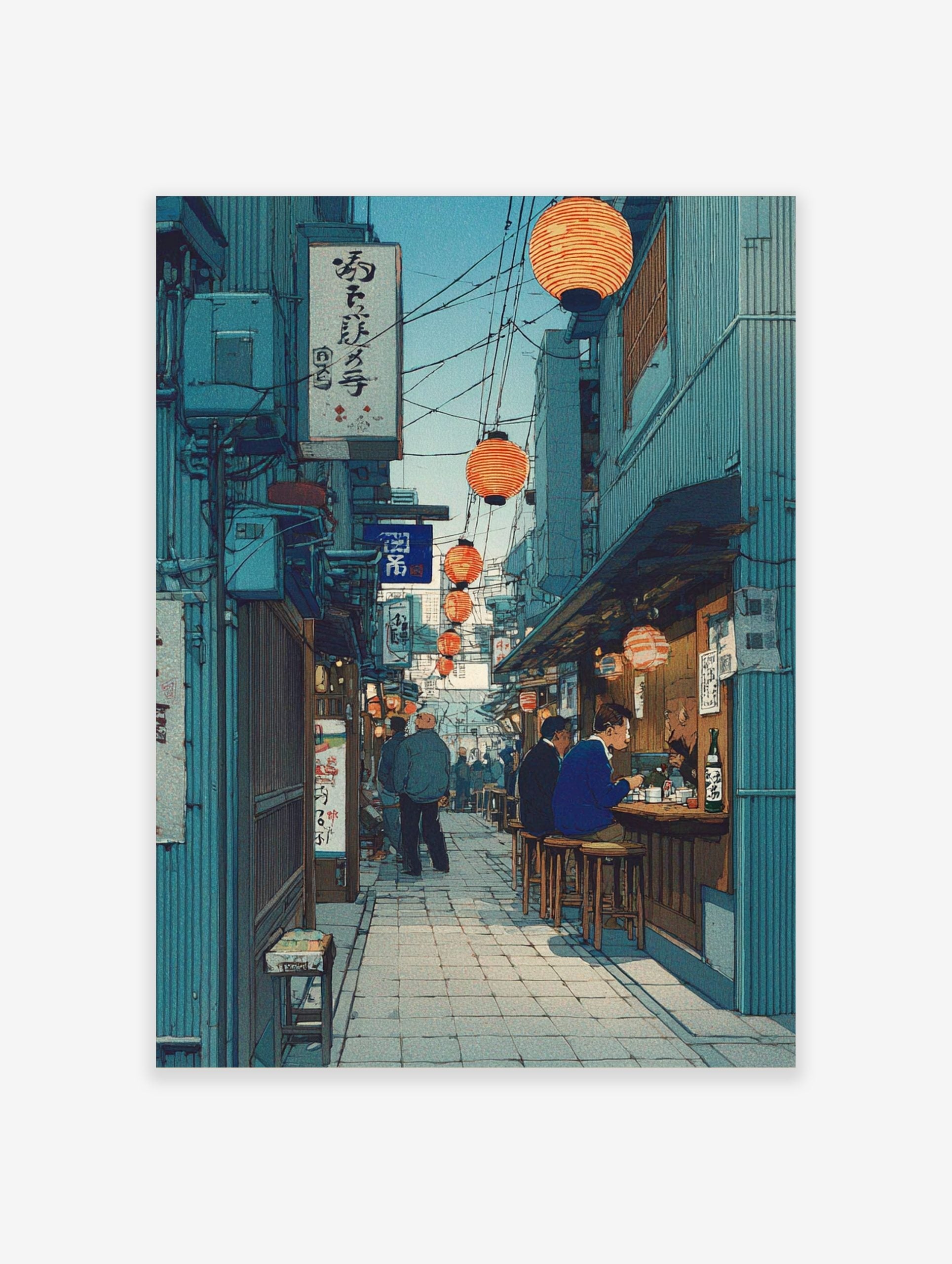 Japanese alleyway wall art with orange lanterns, street food stalls, people dining, and teal buildings