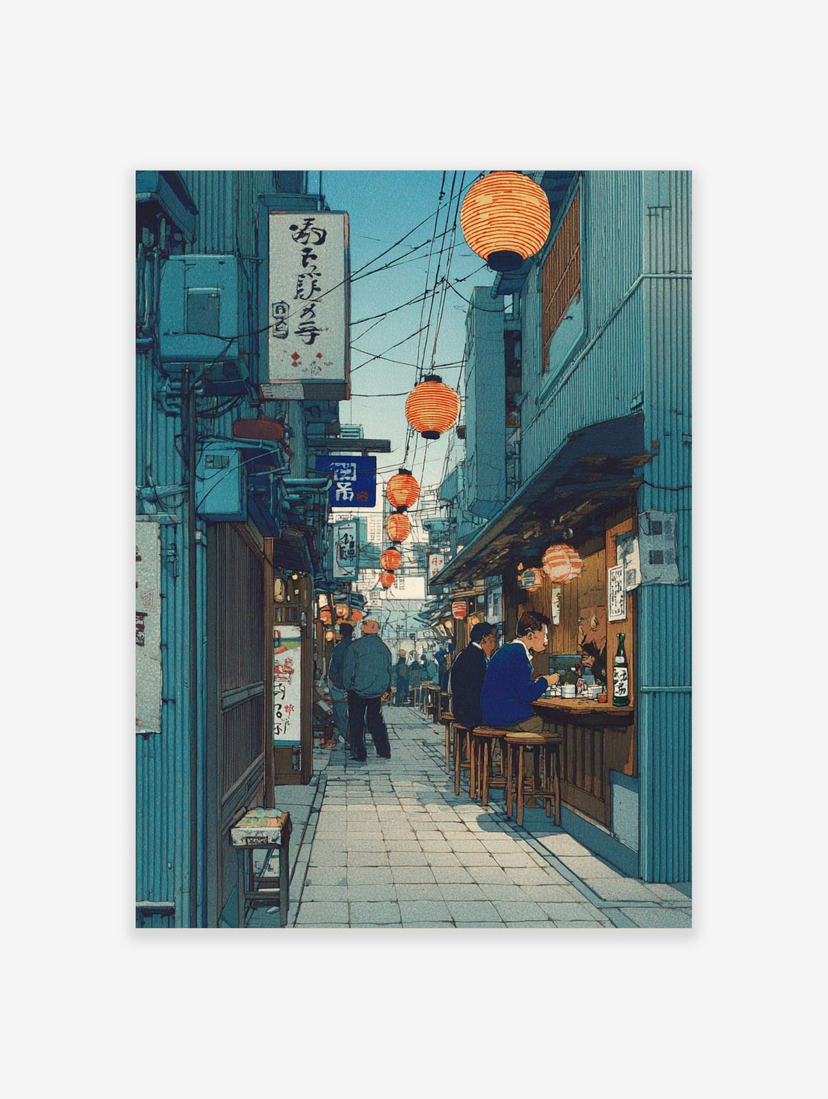 Japanese alleyway wall art with orange lanterns, street food stalls, people dining, and teal buildings