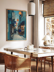 Japanese alleyway wall art with orange lanterns, street food stalls, people dining, and teal, in a styled room mockup