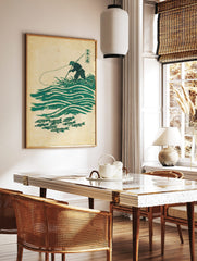 Japanese angler in conical hat fishing over green waves and school of fish in woodblock print style, in a styled room mockup