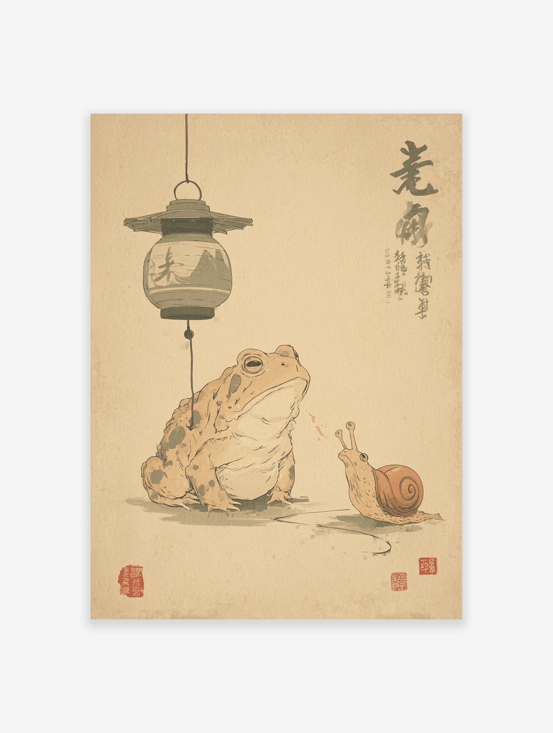 Traditional Japanese animal wall art featuring a toad and a snail beneath a hanging lantern with calligraphy.