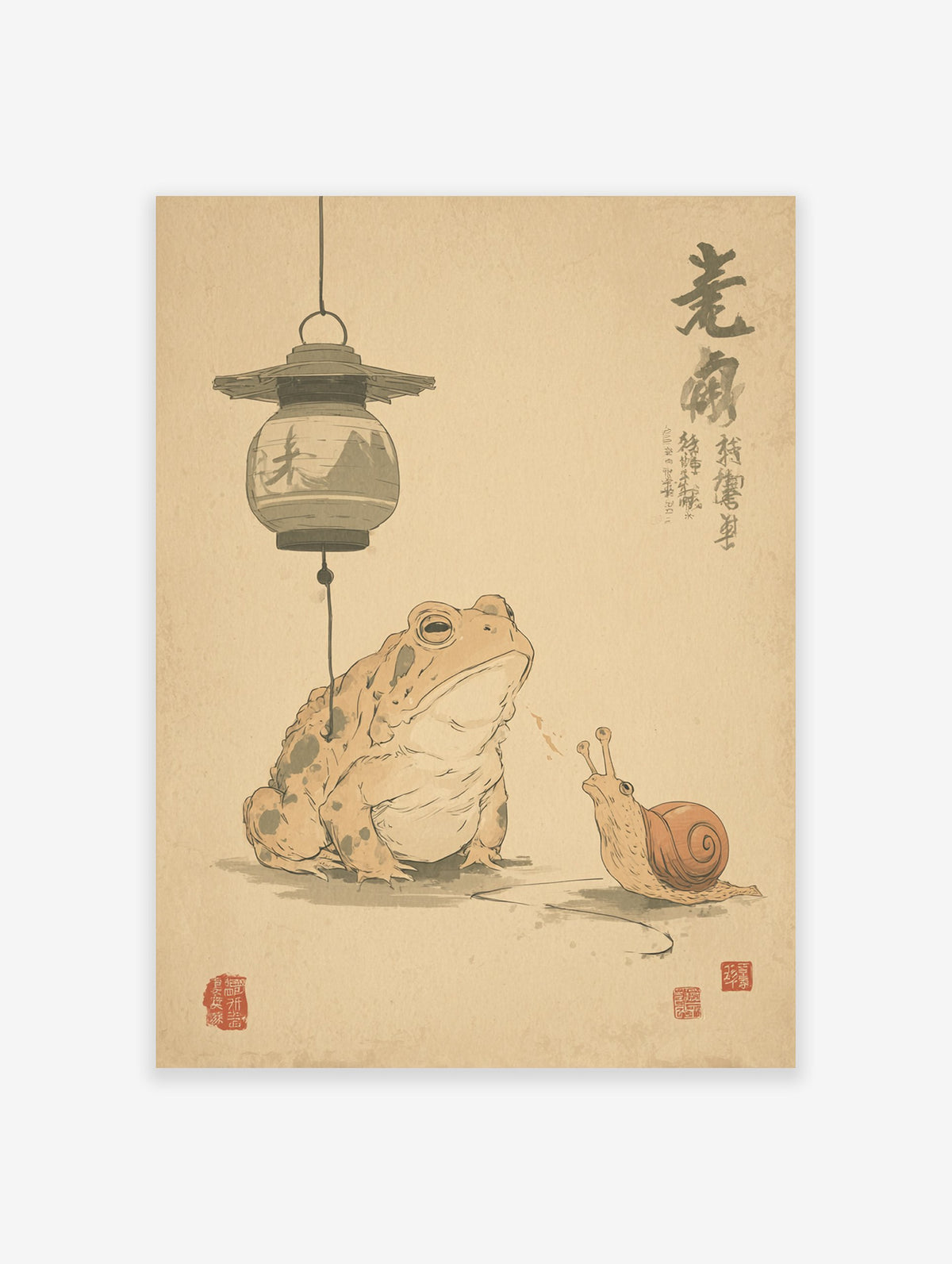 Traditional Japanese animal wall art featuring a toad and a snail beneath a hanging lantern with calligraphy.
