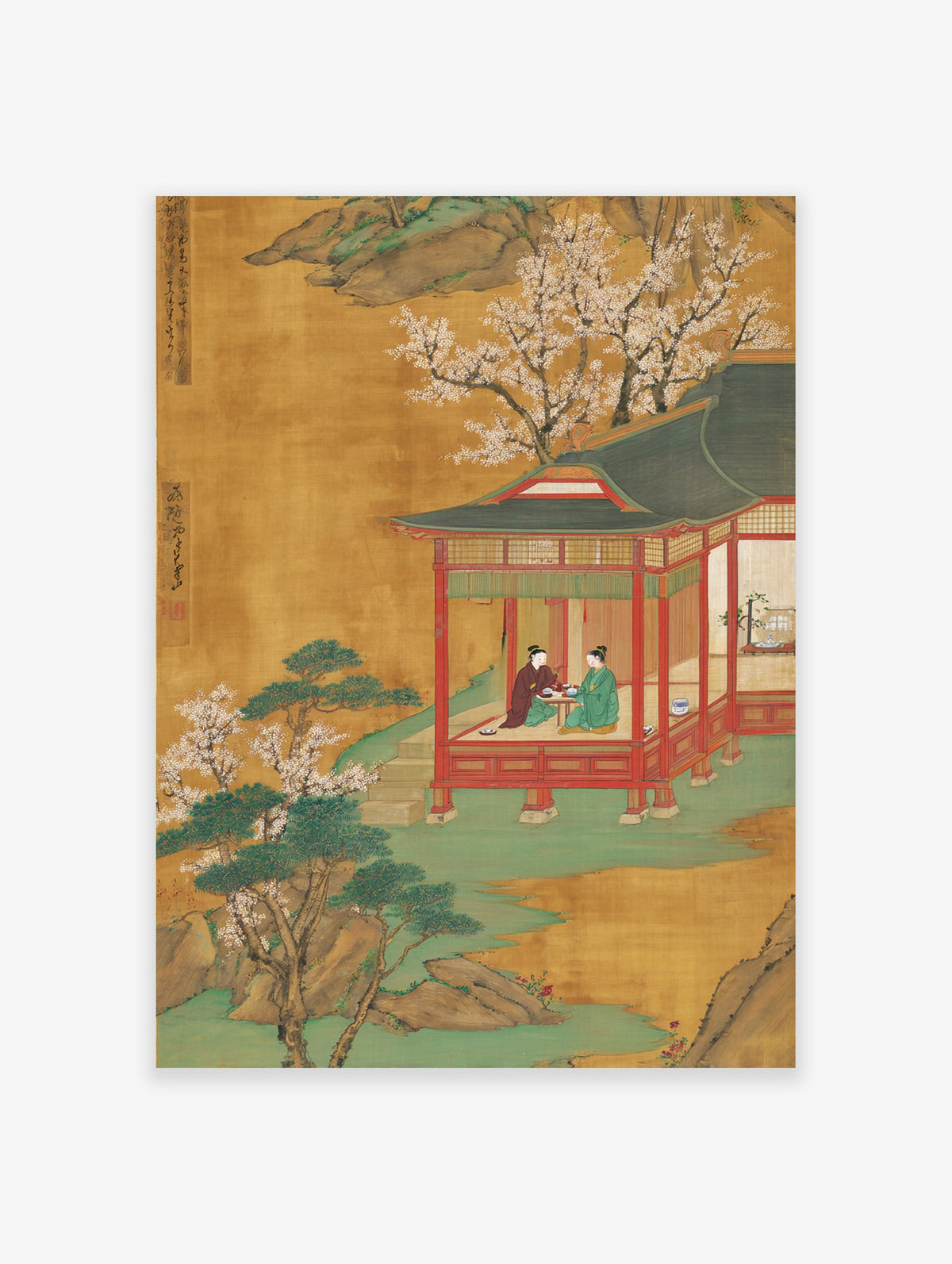 Japanese art poster depicting a traditional pavilion scene with two figures, white blossoms, pine trees, and green water.