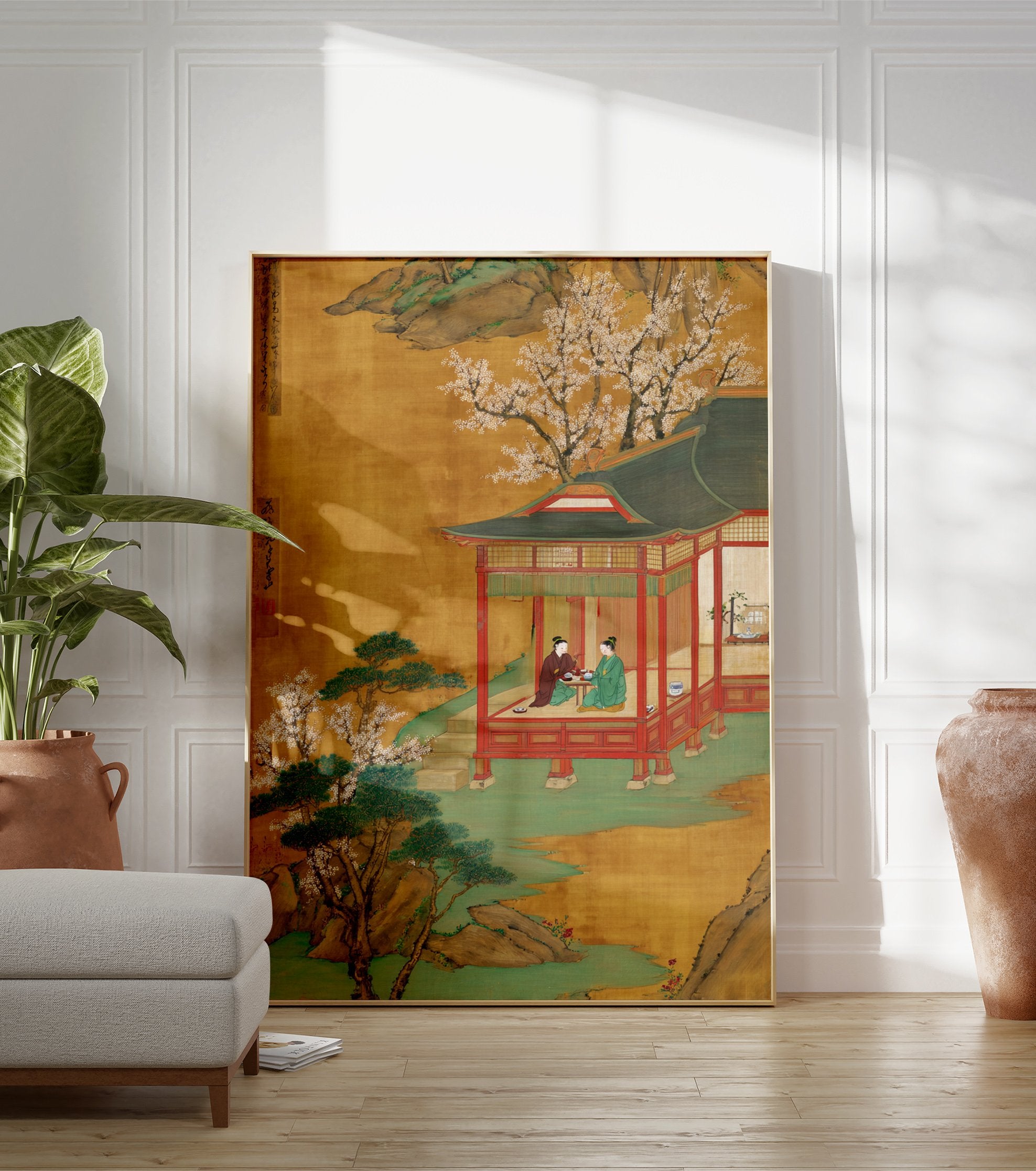 Japanese art poster depicting a traditional pavilion scene with two figures, white blossoms, pine trees, and green water. - Image 3