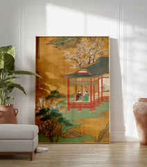 Japanese art poster depicting a traditional pavilion scene with two figures, white blossoms, pine trees, and green water. - Image 3
