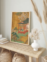 Japanese art poster depicting a traditional pavilion scene with two figures, white blossoms, pine trees, and green water. - Image 4