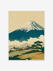 Traditional Japanese art print featuring Mount Fuji, a village, and pine trees with textured patterns.