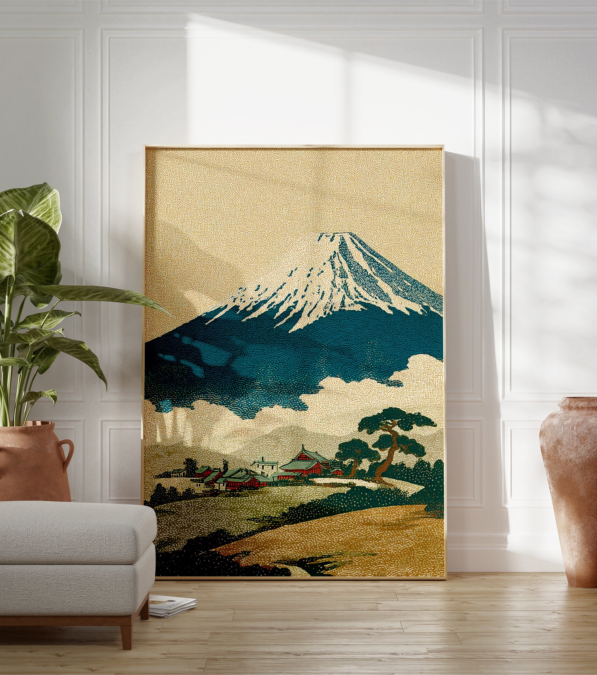 Traditional Japanese art print featuring Mount Fuji, a village, and pine trees with textured patterns. - Image 3