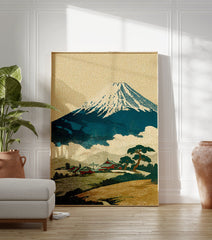 Traditional Japanese art print featuring Mount Fuji, a village, and pine trees with textured patterns. - Image 3