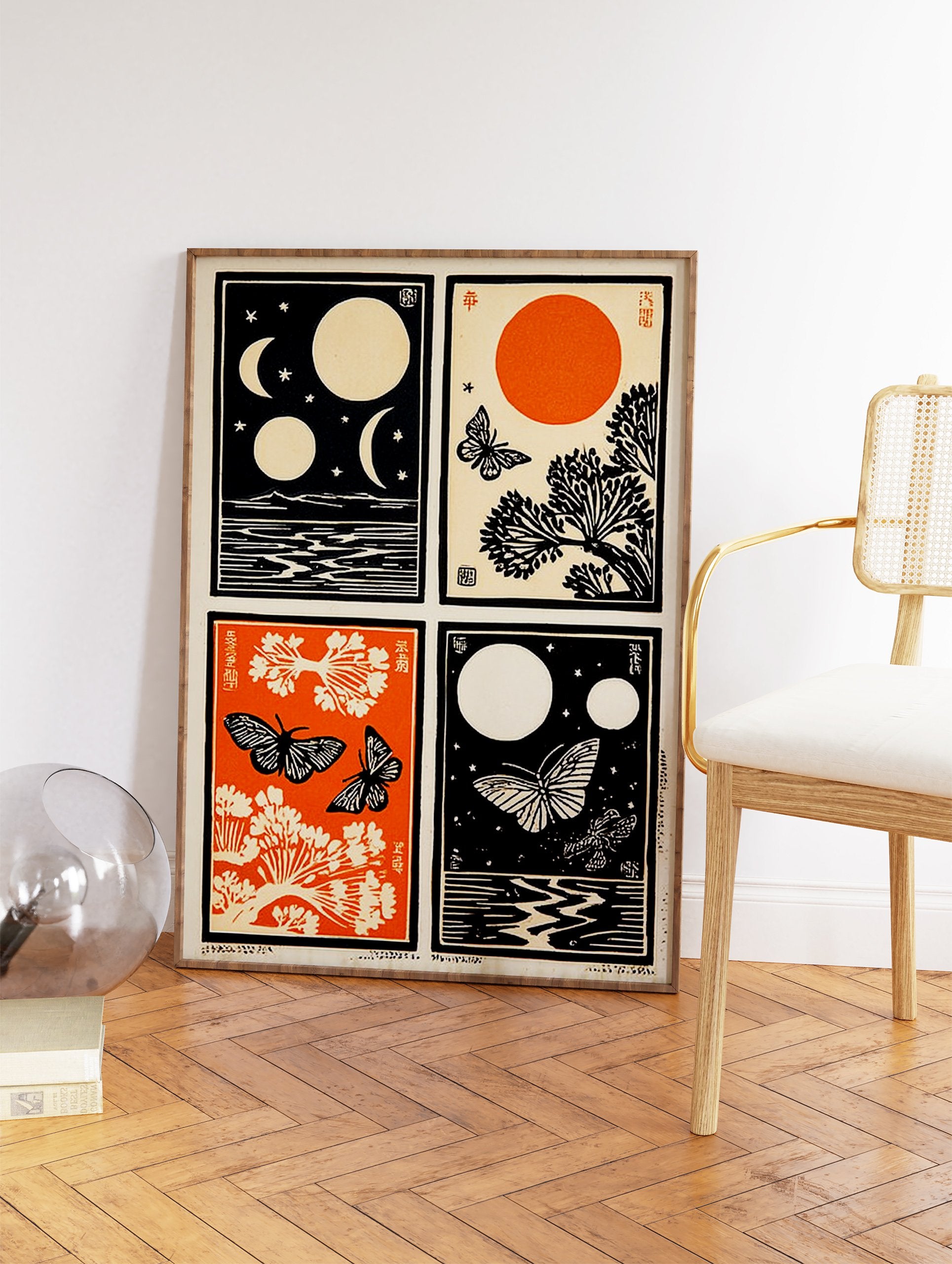 Japanese art print with four panels showing moon, sun, stars, butterflies, trees, and water in black, orange, and cream colors. - Image 2