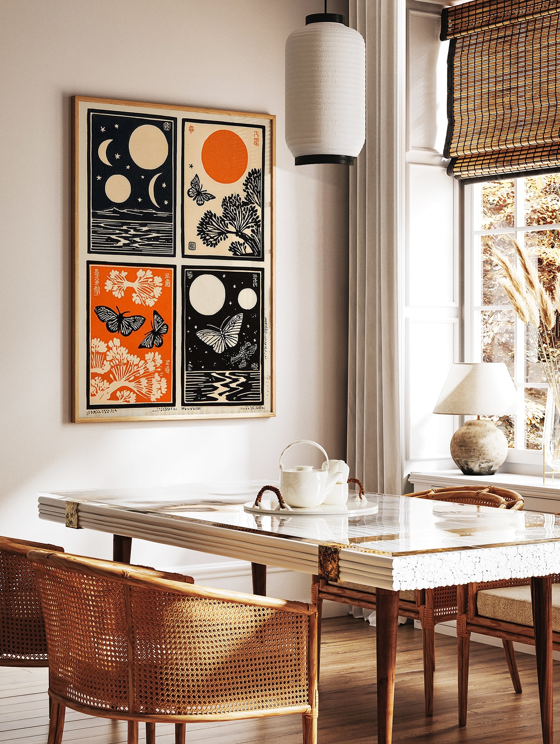 Japanese art print with four panels showing moon, sun, stars, butterflies, trees, and water in black, orange, and cream colors. - Image 3