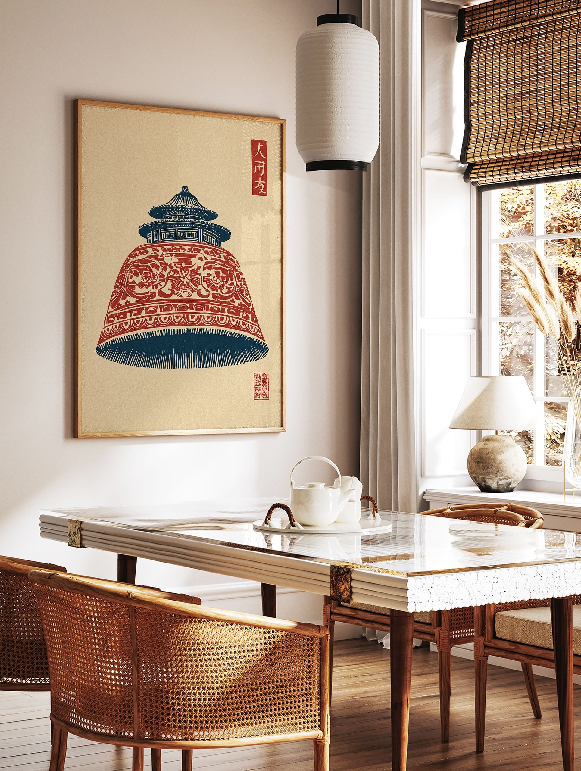 Japanese woodblock style art print of a red and blue pagoda bell with traditional patterns on a light background. - Image 2