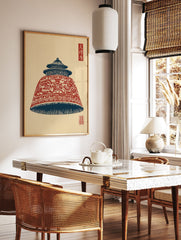 Japanese woodblock style art print of a red and blue pagoda bell with traditional patterns on a light background. - Image 2
