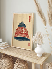 Japanese woodblock style art print of a red and blue pagoda bell with traditional patterns on a light background. - Image 3
