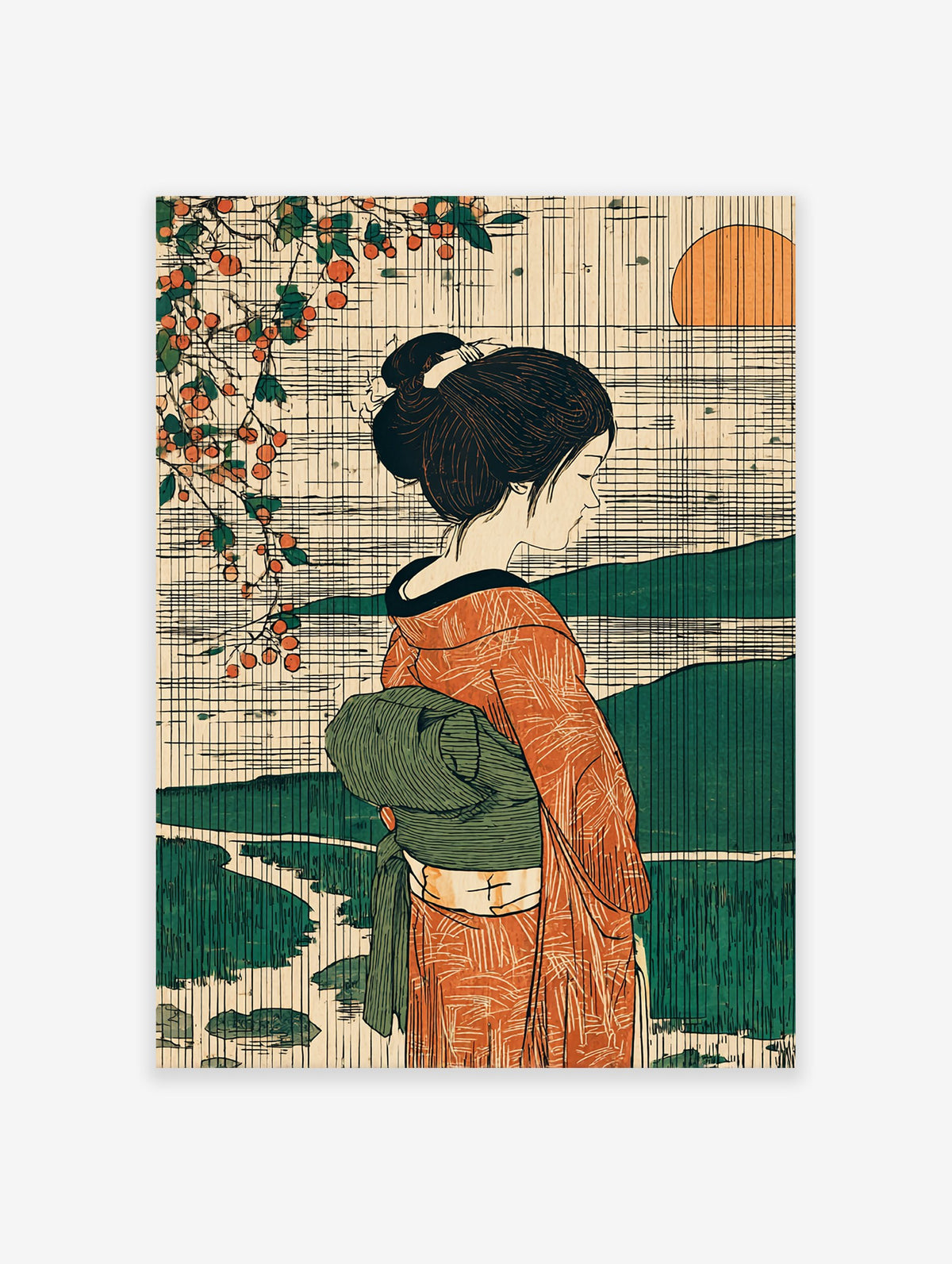 Japanese art print poster featuring a woman in a kimono with persimmon branches, mountains, and a setting sun in ukiyo-e style.