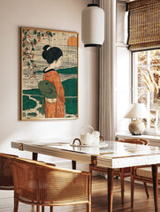 Japanese art print poster featuring a woman in a kimono with persimmon branches, mountains, and a setting sun in ukiyo-e style. - Image 2