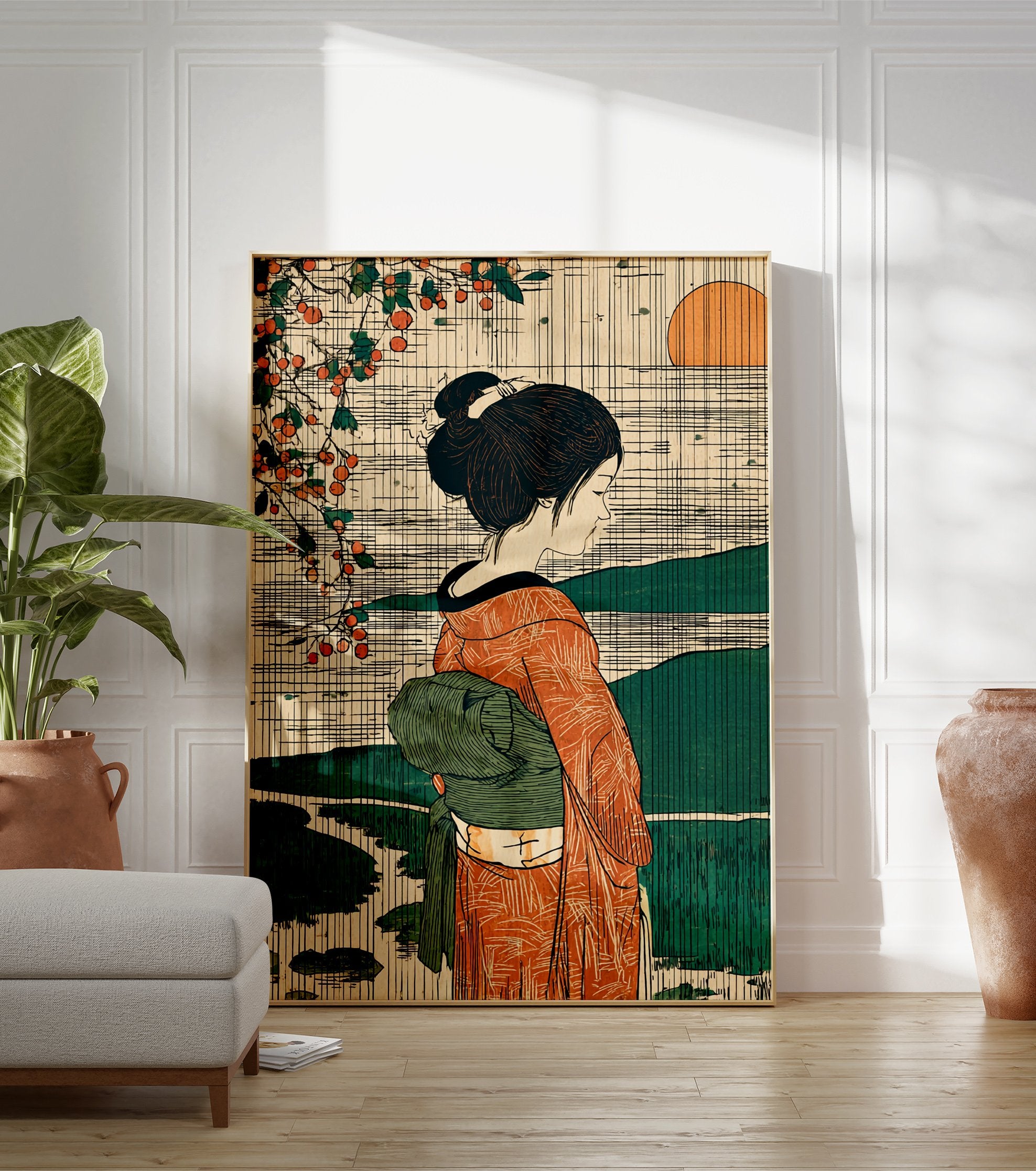 Japanese art print poster featuring a woman in a kimono with persimmon branches, mountains, and a setting sun in ukiyo-e style. - Image 3