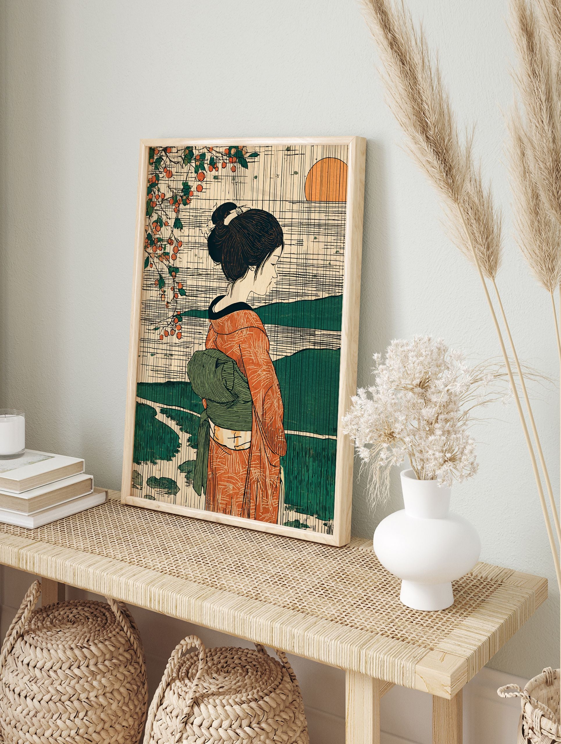 Japanese art print poster featuring a woman in a kimono with persimmon branches, mountains, and a setting sun in ukiyo-e style. - Image 4