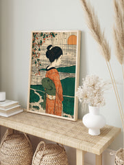 Japanese art print poster featuring a woman in a kimono with persimmon branches, mountains, and a setting sun in ukiyo-e style. - Image 4