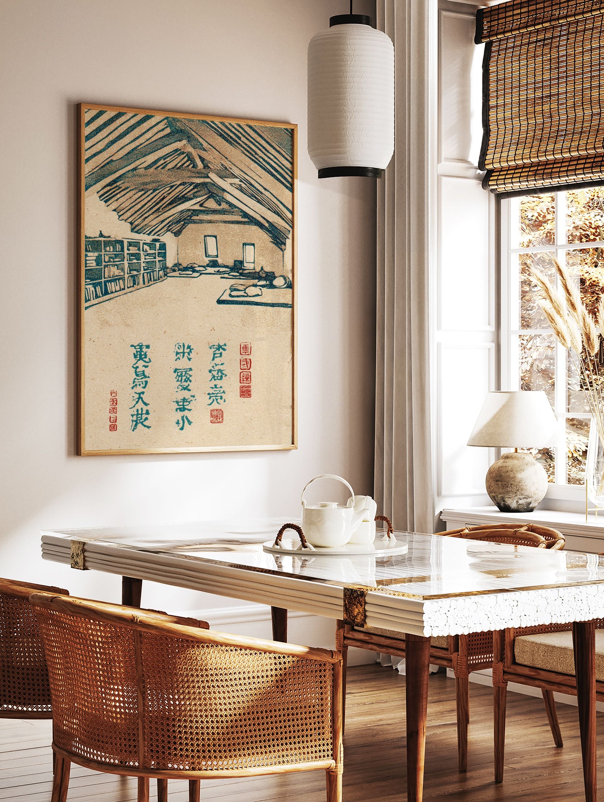 Japanese attic room woodblock print with bookshelf, futons, and exposed beams in blue-green and beige tones. - Image 2