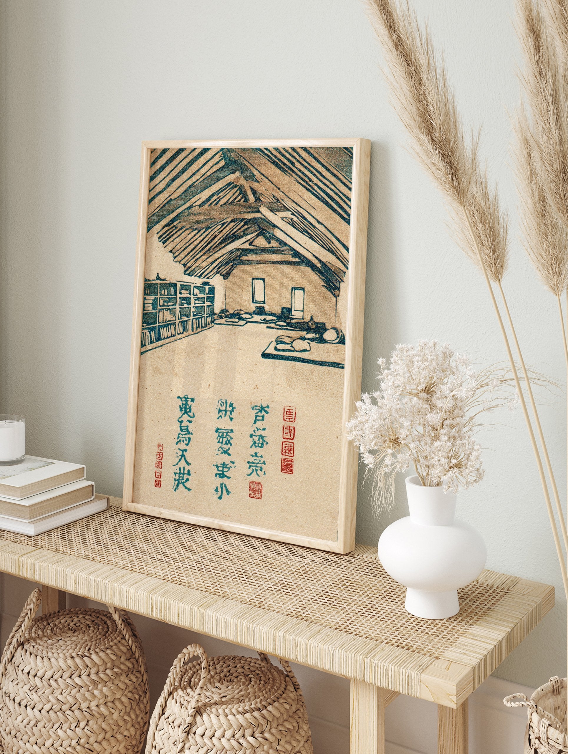 Japanese attic room woodblock print with bookshelf, futons, and exposed beams in blue-green and beige tones. - Image 3