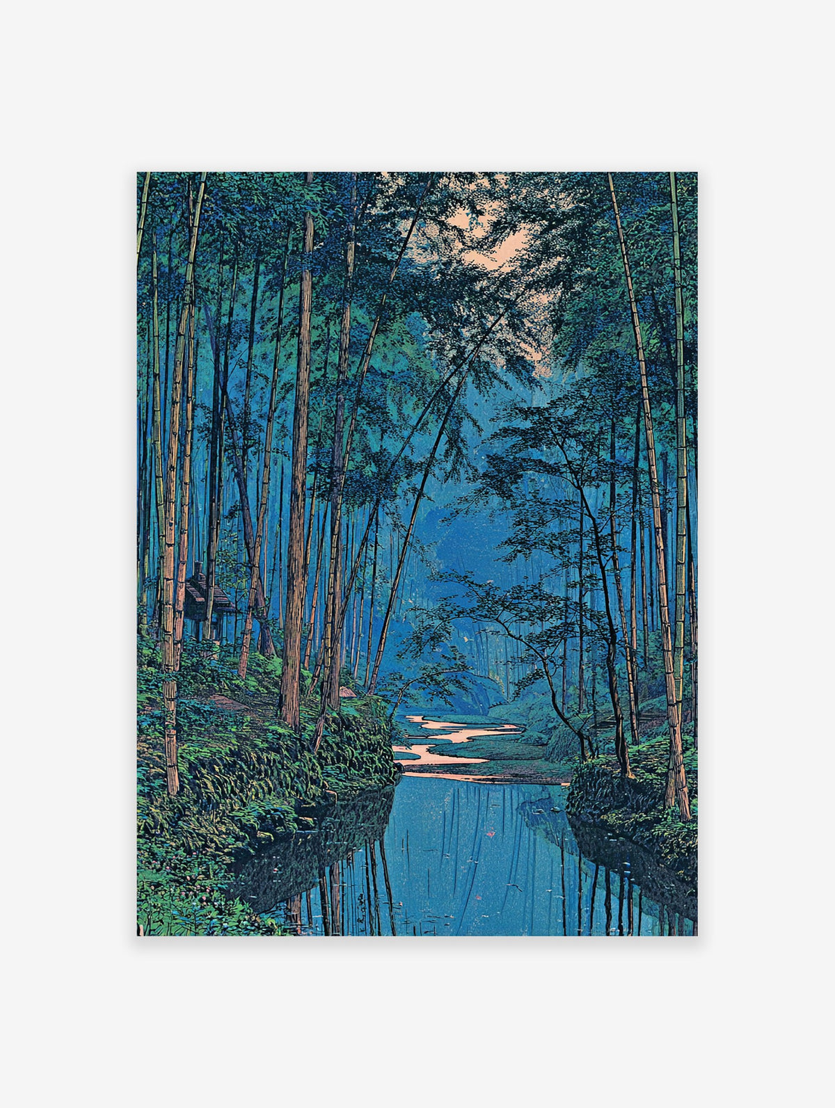 Japanese bamboo forest wall art with a blue river reflecting tall green trees and a small hut in the dense foliage.