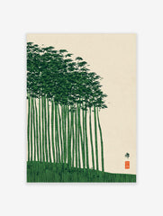 Japanese bamboo forest art print with green stalks, dense leaves, and a red seal on a cream background