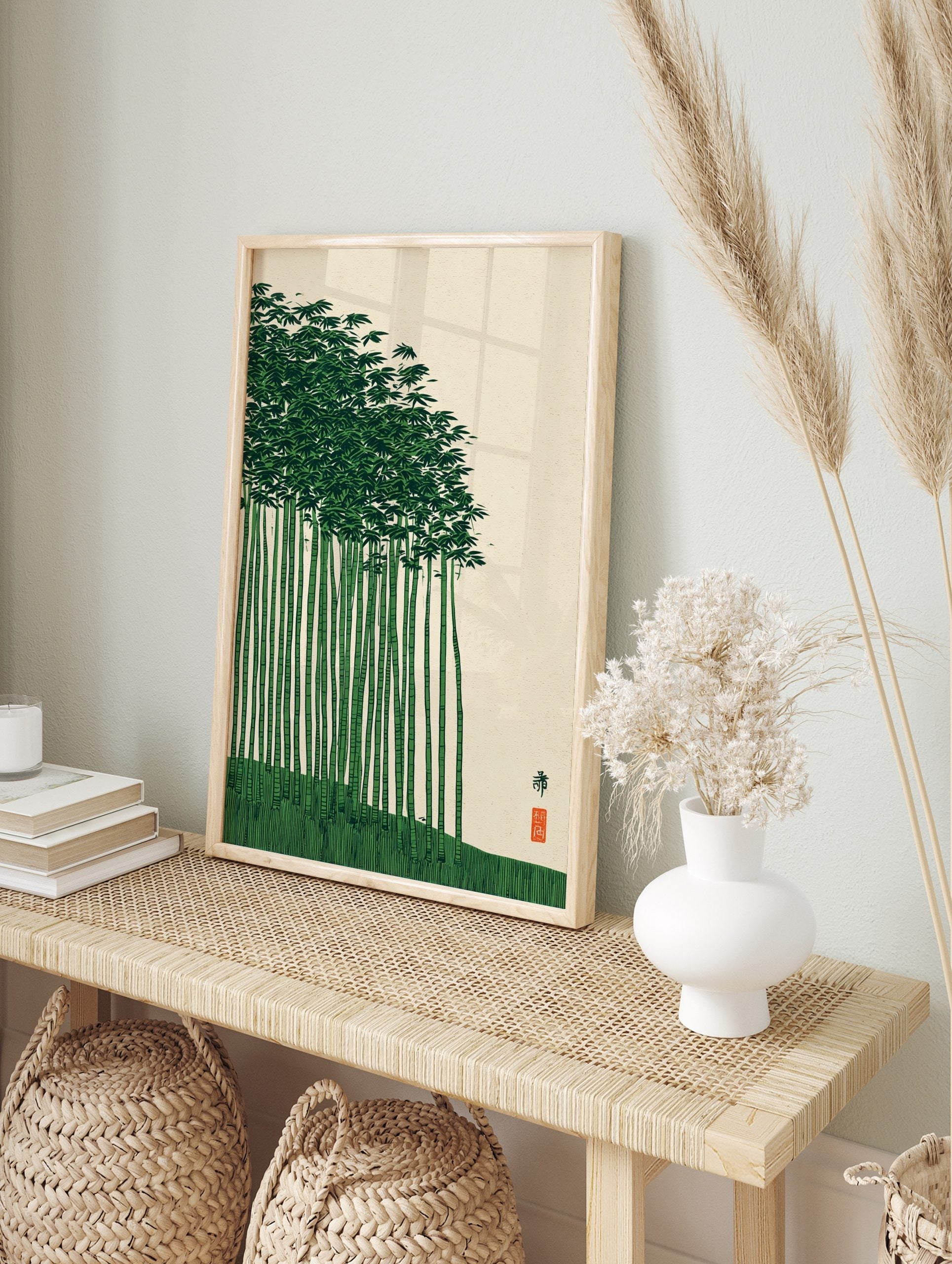 Japanese bamboo forest art print with green stalks, dense leaves, and a red seal on a cream, in an alternate framed mockup
