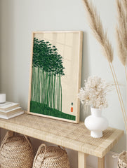 Japanese bamboo forest art print with green stalks, dense leaves, and a red seal on a cream, in an alternate framed mockup