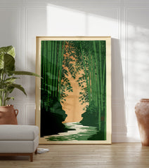 Japanese bamboo forest art print with green stalks, a river, and an orange sky. Traditional Asian landscape wall art. - Image 3