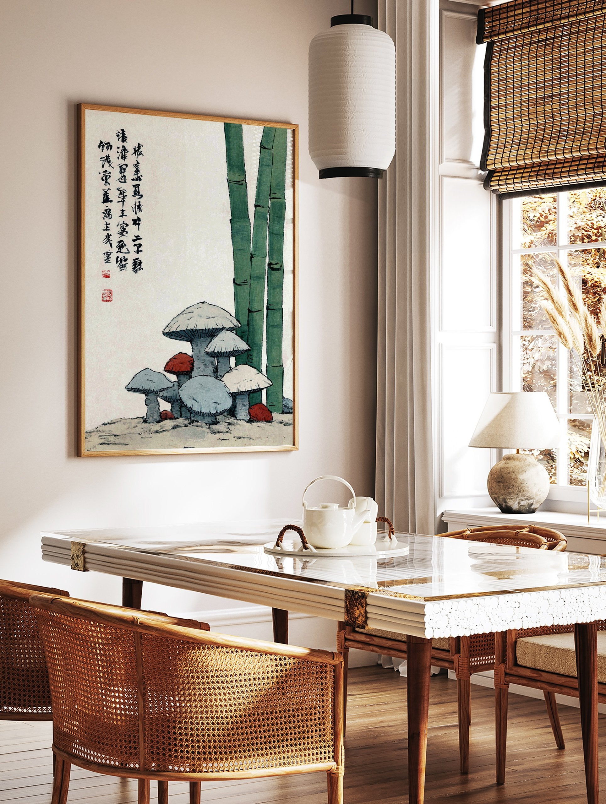 Japanese bamboo and mushroom botanical illustration art print with calligraphy and red seals on a white background. - Image 3