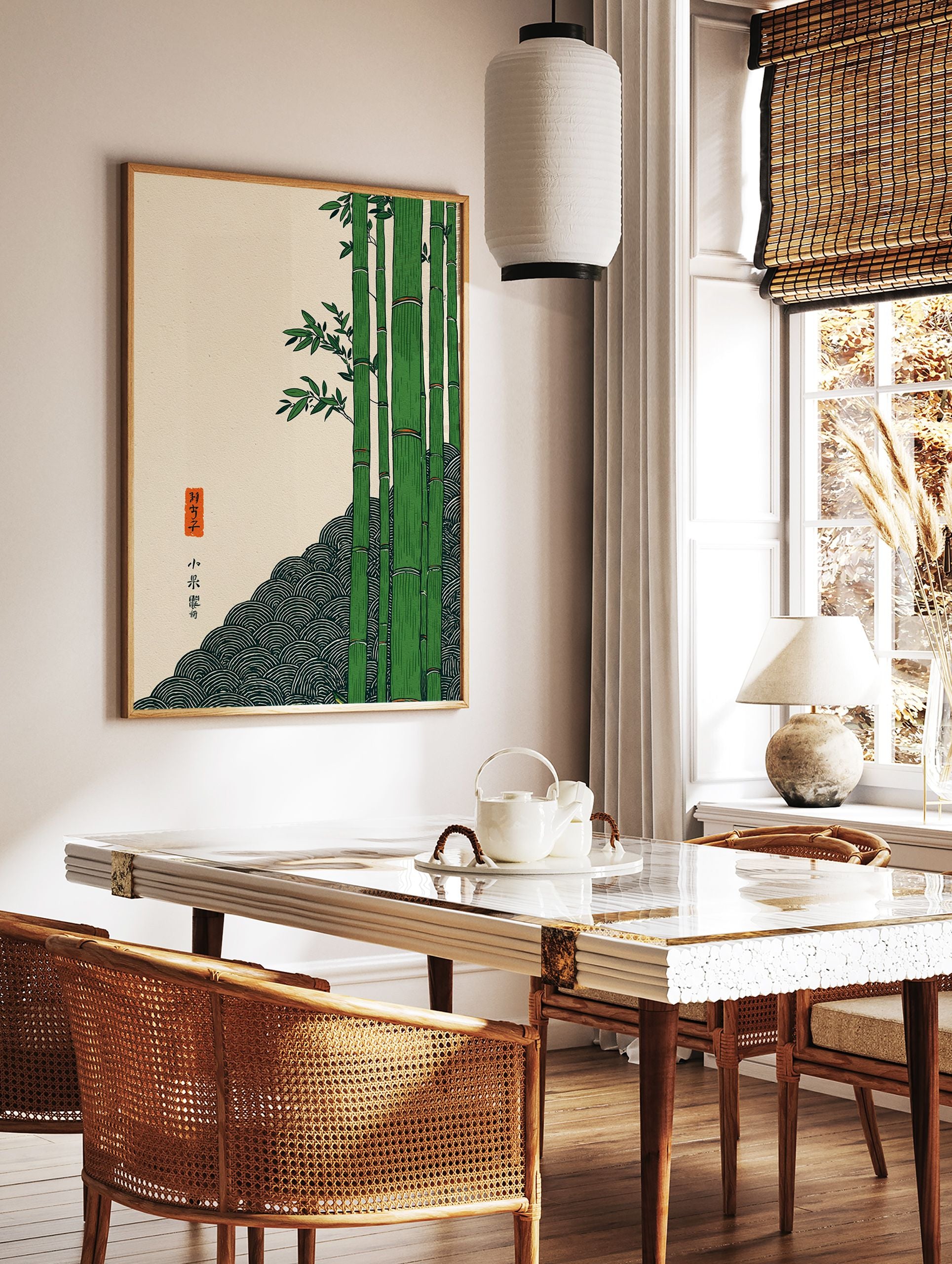 Japanese Bamboo Poster with green bamboo stalks, traditional wave pattern, and Japanese calligraphy on a cream background. - Image 2