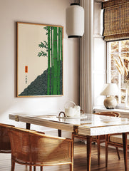 Japanese Bamboo Poster with green bamboo stalks, traditional wave pattern, and Japanese calligraphy on a cream background. - Image 2