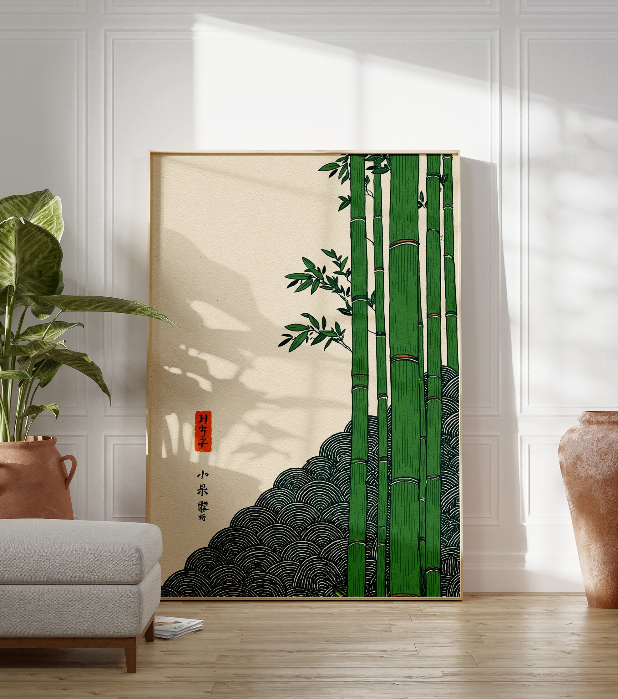 Japanese Bamboo Poster with green bamboo stalks, traditional wave pattern, and Japanese calligraphy on a cream background. - Image 3