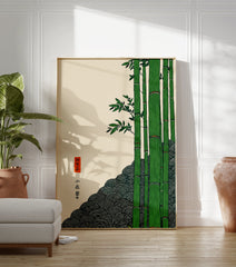 Japanese Bamboo Poster with green bamboo stalks, traditional wave pattern, and Japanese calligraphy on a cream background. - Image 3