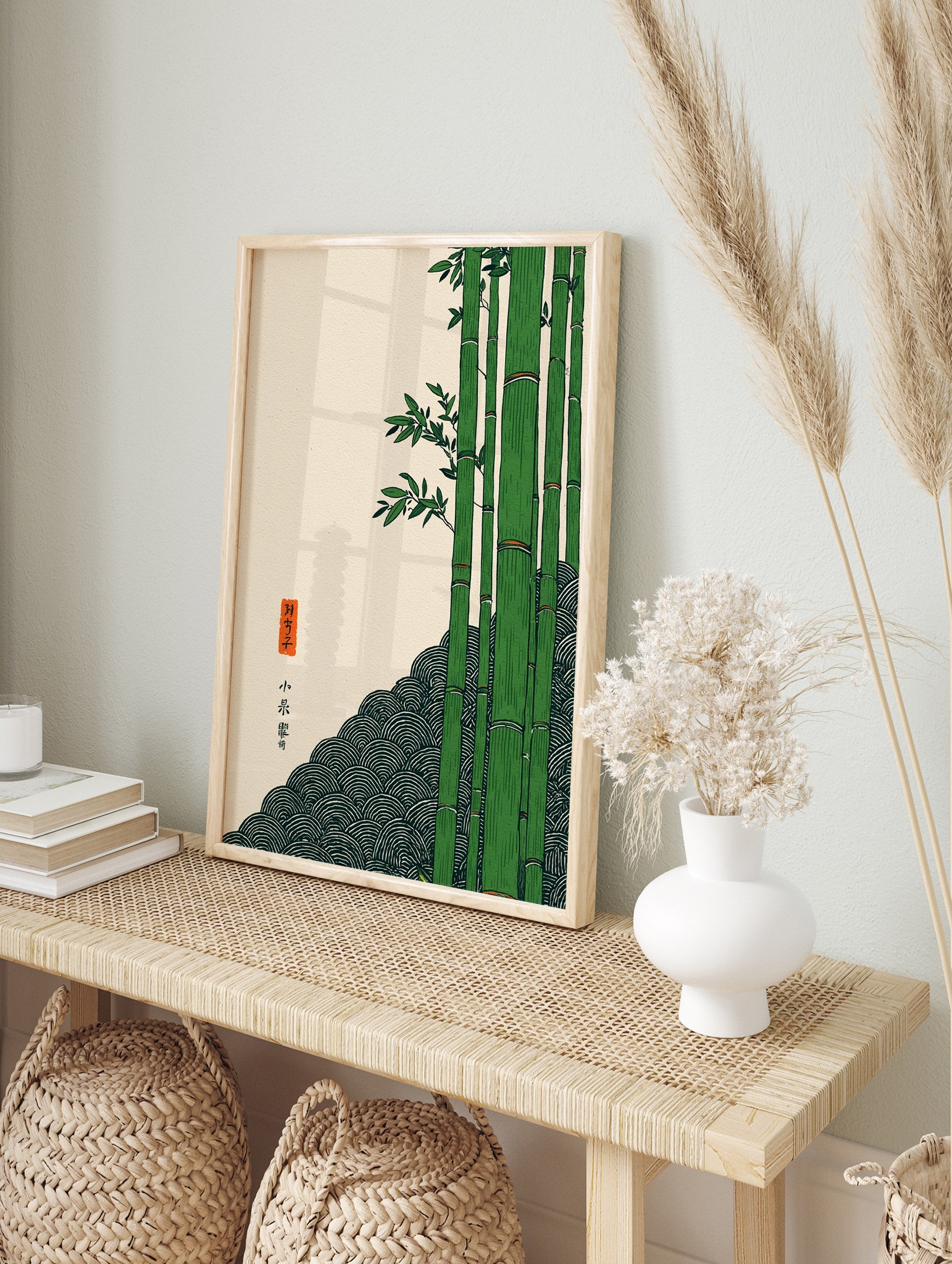 Japanese Bamboo Poster with green bamboo stalks, traditional wave pattern, and Japanese calligraphy on a cream background. - Image 4