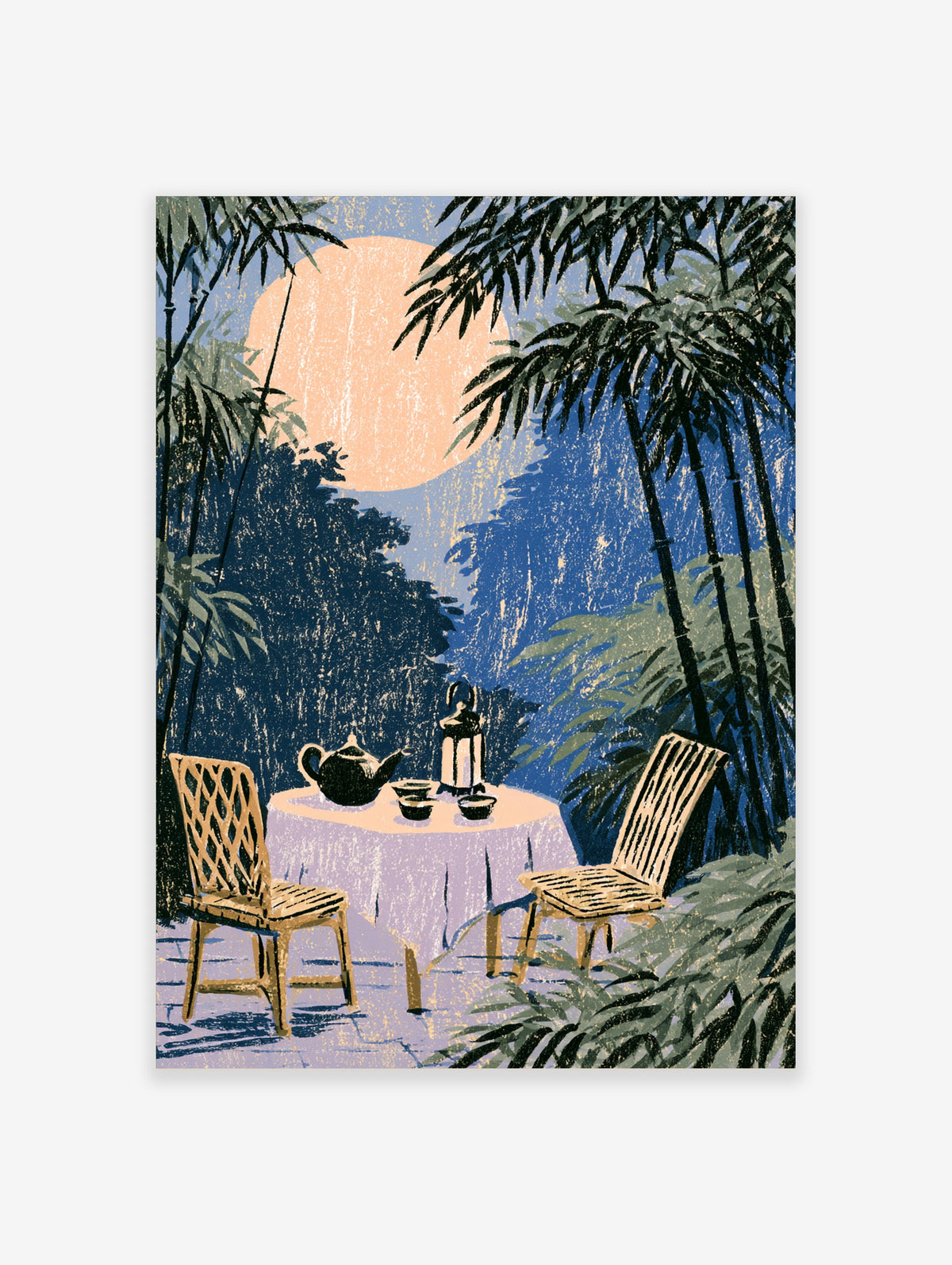 Japanese tea garden poster with bamboo, peach moon, table, teapot, cups, lantern, and two chairs at night