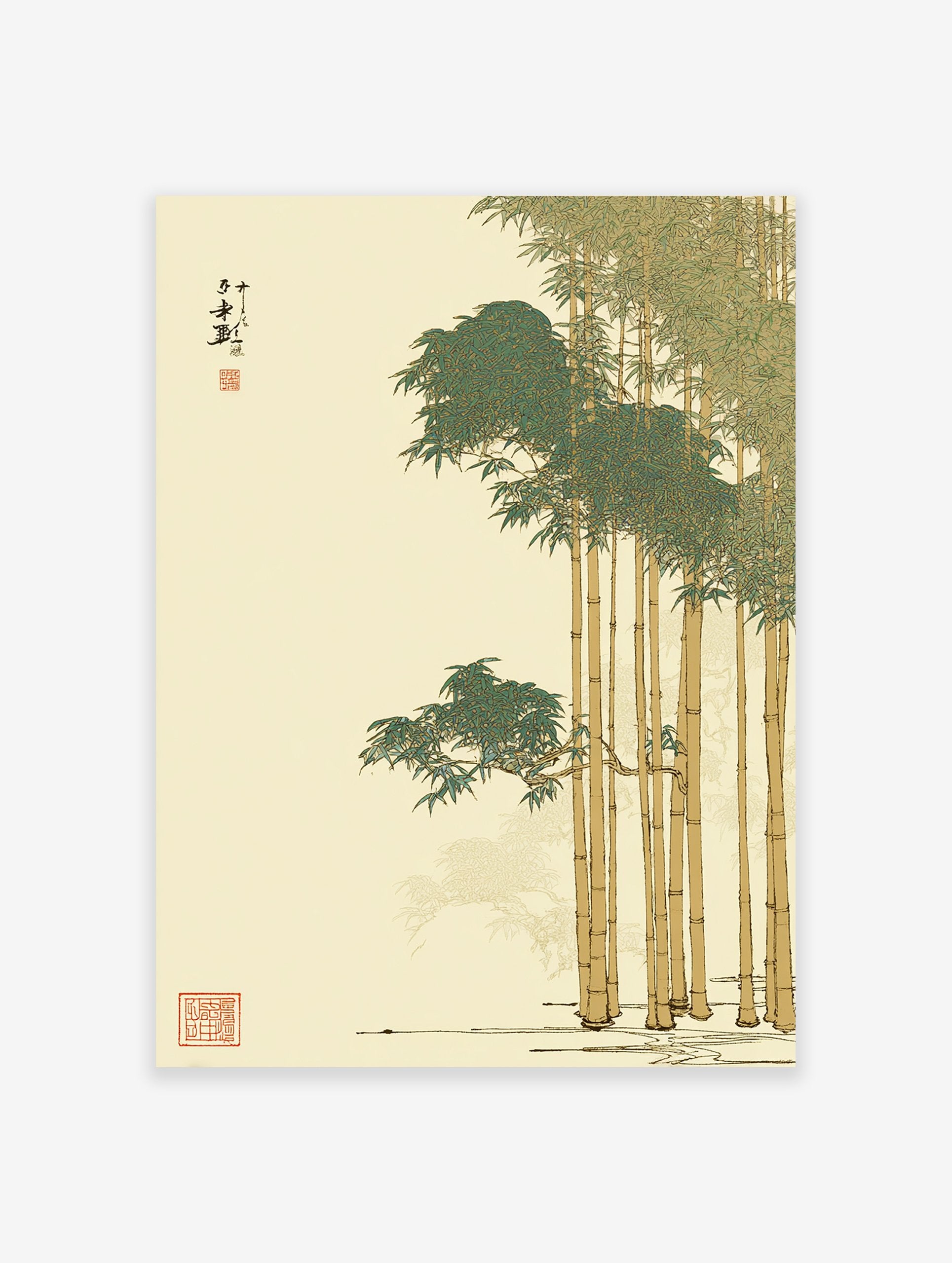 Japanese bamboo wall art print with vibrant green leaves and golden stalks, featuring traditional calligraphy and red seals.